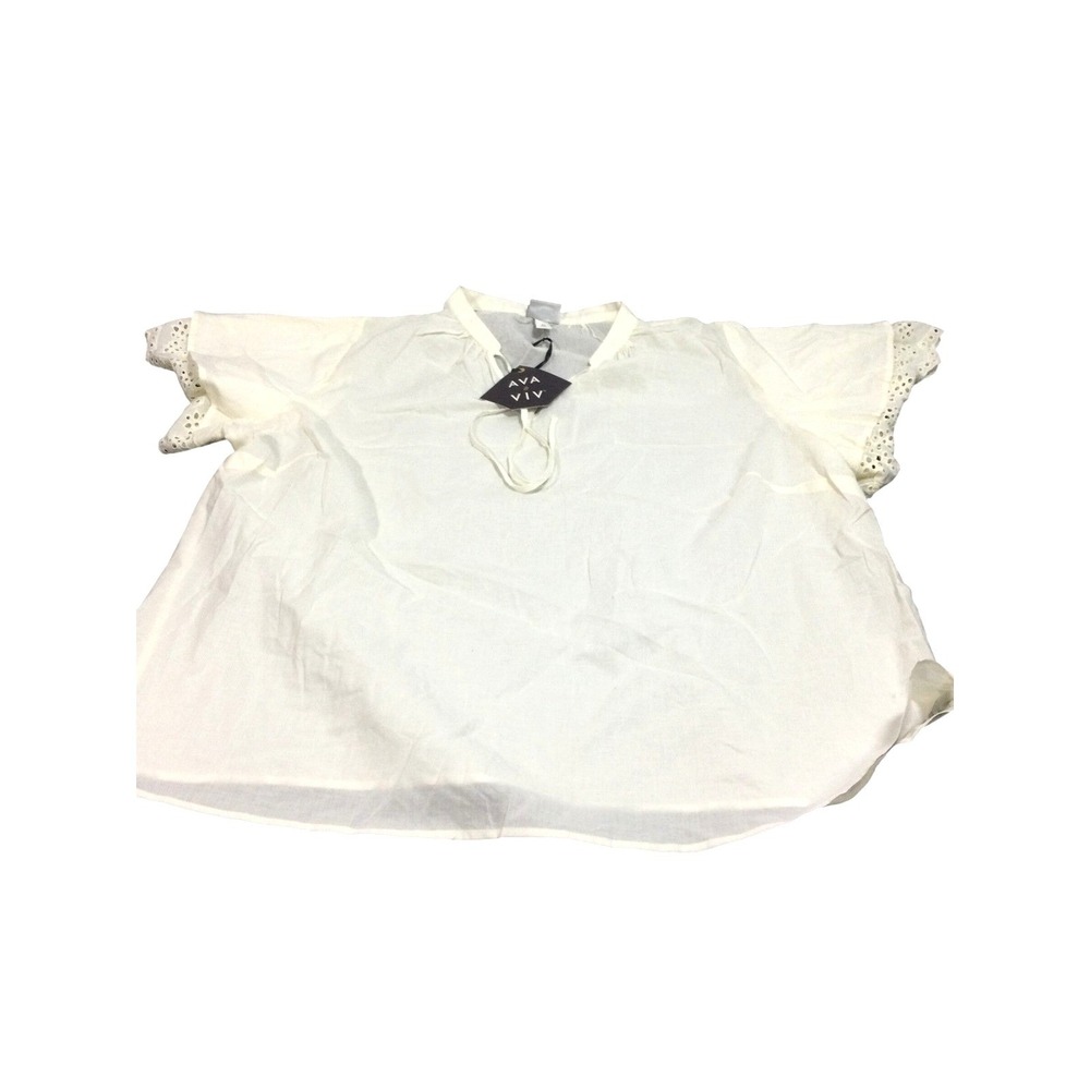 AVA+VIV White Eyelet Lace‎ Trim Tie Neck Blouse Top Plus Size 2X